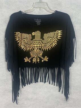 Freeze Crop Top Women Juniors XL Black Gold Foil Eagle Fringes Festival